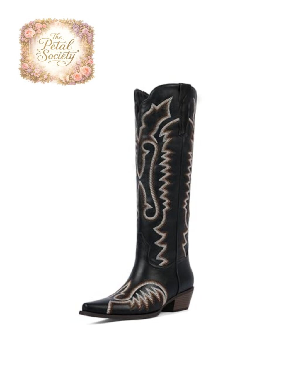 Womens Faux Leather Knee High Western Cowboy Boots Chunky Heel